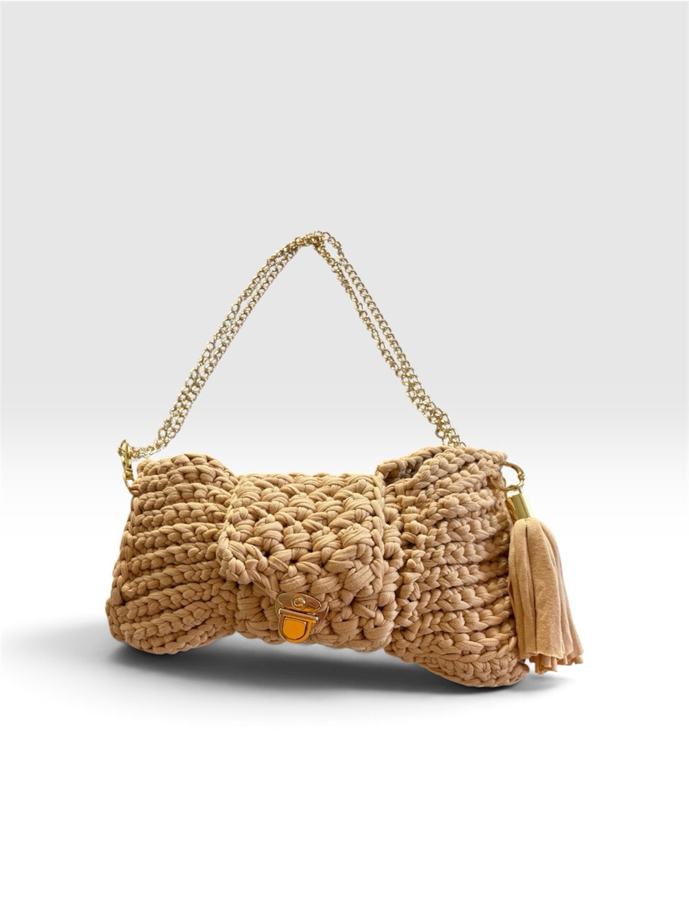 Woven Bow Mini Shoulder Bag in Tan with Tassel